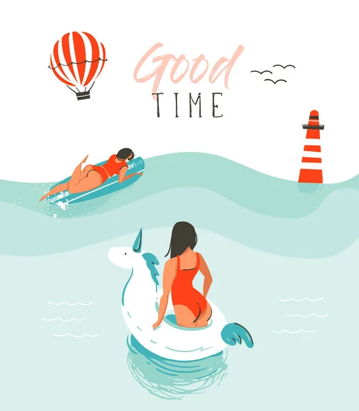 Hand drawn vector abstract summer time fun illustration with swimming happy people in water with lighthouse,hot air balloon,unicorn buoy and modern typography quote Good time isolated on white — Stock Vector