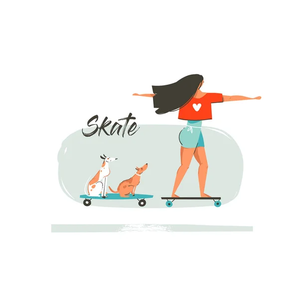 El çizimi vektör karikatürü yaz zamanı eğlenceli illüstrasyon uzun sörf tahtasında genç kız, kaykaylı köpekler ve beyaz arka planda modern tipografi.. — Stok Vektör