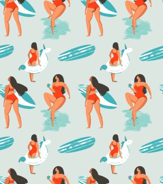Çizilmiş vektör soyut eğlenceli el yaz saati eğlence grup kız ile Dikişsiz desen illüstrasyon, sörf tahtaları ve tek boynuzlu at şamandıra su dokulu arka plan üzerinde daireler