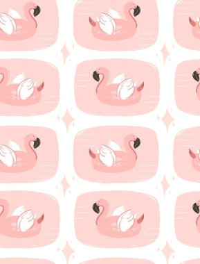 El çizimi vektör soyut karikatür yaz zamanı eğlenceli pop illüstrasyonu pürüzsüz desen pembe flamingo şamandıra dairesi beyaz arka planda izole edilmiş