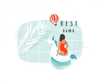 El çizimi vektör soyut yaz zamanı çizgi film çizimi genç kız, tek boynuzlu at şamandıra halkası, yüzme havuzunda tropikal palmiye yaprağı. Modern tipografinin beyaz arka planda izole edilmiş en iyi zamanı.