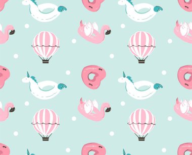 El çizimi vektör soyut yaz zamanı, pembe flamingo şamandıralı, tek boynuzlu at yüzme havuz şamandırası, kalp şekli dairesi ve mavi su arka planında izole edilmiş sıcak hava balonu.