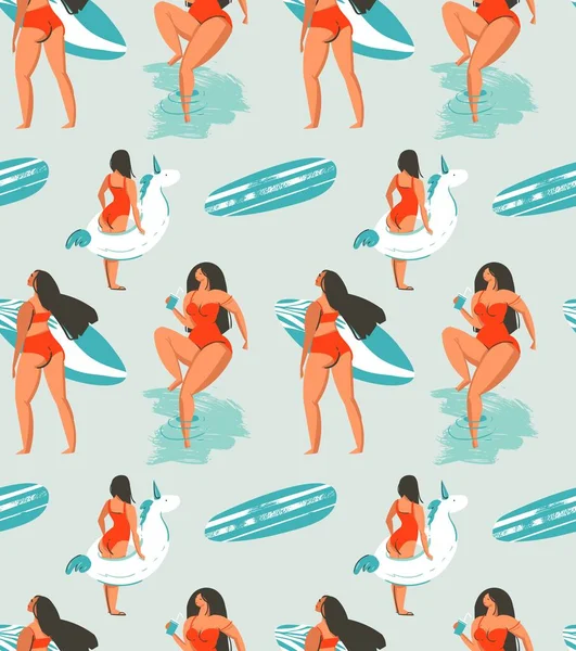 Hand drawn vector abstract fun summer time fun illustration seamless pattern with group girls,surfboards and unicorn buoy circles on water textured background — Stock Vector