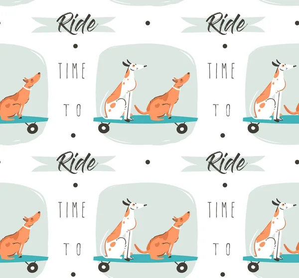 Hand drawn vector cartoon drawing summer time fun seamless pattern illustration with riding dogs on skateboards and long boards and modern typography quote Time to ride isolated on white background — Stock Vector