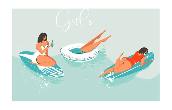 Handgezeichnete Vektor Cartoon Sommerzeit Spaß Strand Mädchen Sammlung Illustrationen Set mit Retro-Surfer und Meer Yoga isoliert auf blauem Wasser Hintergrund. — Stockvektor