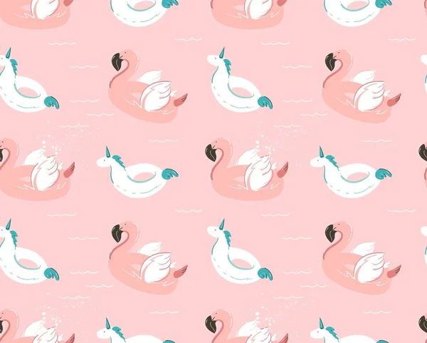 Χειροποίητο διάνυσμα αφηρημένη καλοκαιρινή ώρα διασκέδαση απρόσκοπτη μοτίβο με ροζ flamingo float και μονόκερο κύκλο πισίνα σημαδούρα απομονώνονται σε παστέλ φόντο. — Διανυσματικό Αρχείο