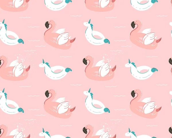 El çizimi vektör soyut yaz zamanı eğlenceli, pürüzsüz desen pembe flamingo yüzer yüzer ve tek boynuzlu at yüzer havuz şamandırası dairesi pastel arka planda izole edilmiş..