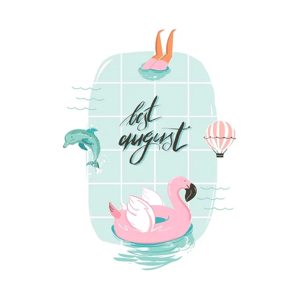 Handgetekende vector abstracte cartoon zomer plezier illustratie met roze flamingo boei ring in het zwembad en moderne typografie citaat Beste augustus geïsoleerd op witte achtergrond — Stockvector