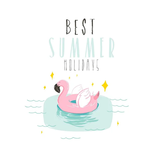 Hand drawn vector abstract summer time fun illustration with pink flamingo buoy ring in pastel colors and modern typography quote Best Summer Holidays isolated on white background — Stock Vector