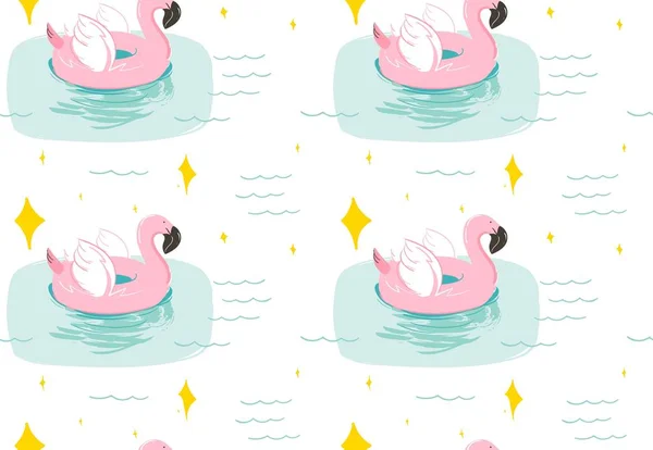 Χειροποίητο διάνυσμα αφηρημένη καλοκαιρινή ώρα διασκέδαση απρόσκοπτη μοτίβο με ροζ flamingo float πισίνα κύκλο σημαδούρα και αστράφτει απομονώνονται σε μπλε φόντο νερό — Διανυσματικό Αρχείο