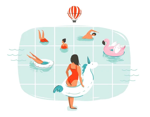Χειροποίητο διάνυσμα αφηρημένη κινούμενο σχέδιο καλοκαιρινή διασκέδαση εικονογράφηση με τους ανθρώπους κολύμπι στην πισίνα με αερόστατα θερμού αέρα απομονώνονται σε λευκό φόντο. — Διανυσματικό Αρχείο