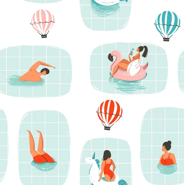 Vettore disegnato a mano astratto cartoni animati estate tempo divertimento illustrazione senza soluzione di continuità modello con nuoto persone in piscina con mongolfiere isolato su sfondo bianco — Vettoriale Stock