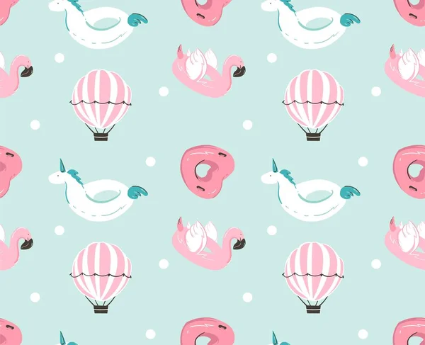 El çizimi vektör soyut yaz zamanı, pembe flamingo şamandıralı, tek boynuzlu at yüzme havuz şamandırası, kalp şekli dairesi ve mavi su arka planında izole edilmiş sıcak hava balonu.