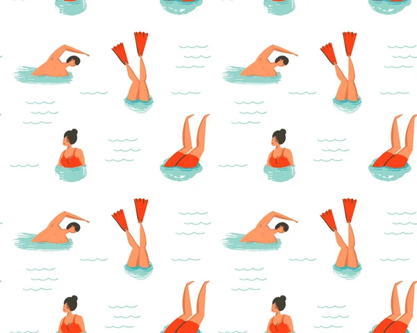 Mão desenhado vetor abstrato desenho animado verão tempo divertido ilustração sem costura padrão com natação pessoas isoladas no fundo branco — Vetor de Stock