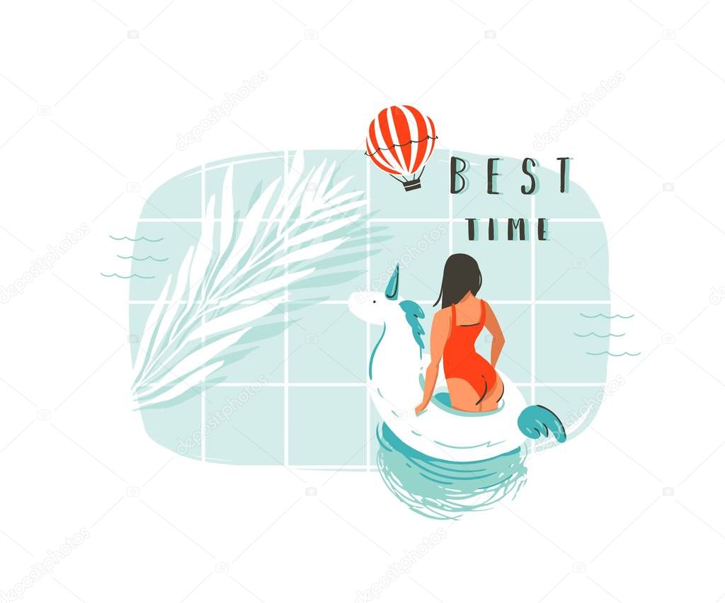 Hand drawn vector abstract summer time fun cartoon illustration with young girl,unicorn float buoy ring,tropical palm leaf in swimming pool.Best time modern typography isolated on white background