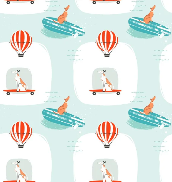 손으로 그린 벡터 만화 여름 방학 동안 파란색 배경에 고립 된 채 스케이트보드 위에 타고 있는 개와 서핑 보드 위에 있는 개를 그린 재미있는 바 다 없는 패턴 삽화. — 스톡 벡터