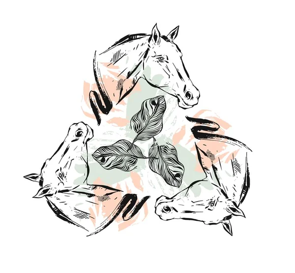 Hand getekende vectorafbeelding getextureerde bekleed inkt paarden hoofd afbeelding met abstracte tropische exotische bloemen in pastel, roze en groene kleuren geïsoleerd op witte achtergrond — Stockvector