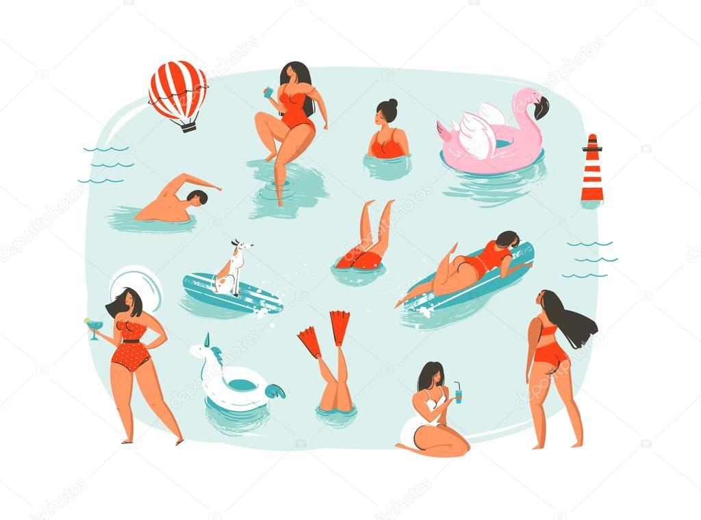 Hand drawn vector abstract cartoon summer time fun swimming people group collection illustrations set isolated on blue ocean waves