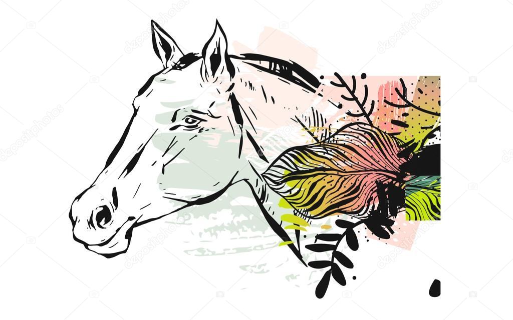 Hand drawn vector textured lined ink graphic horse head illustration with abstract tropical exotic flowers in pastel,pink and green colors isolated on white background