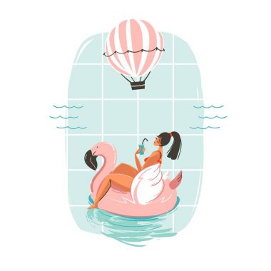 Mavi okyanus dalgalarında yüzen pembe flamingo üzerinde yüzen bir kızın olduğu el çizimi eğlenceli yaz zamanı illüstrasyon kartı modern kaligrafi ile en iyi yaz beyaz arka planda izole edilmiş.