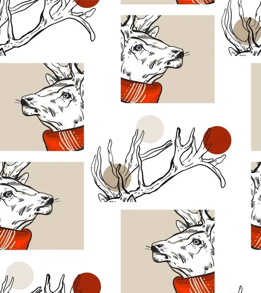 手作りのベクトル グラフィック メリー クリスマス鹿シームレス パターン ホワイト バック グラウンドに分離されました。グリーティング カード、装飾、包装紙、布、ジャーナリング、装飾用デザインします。冬の休日の概念 — ストックベクタ