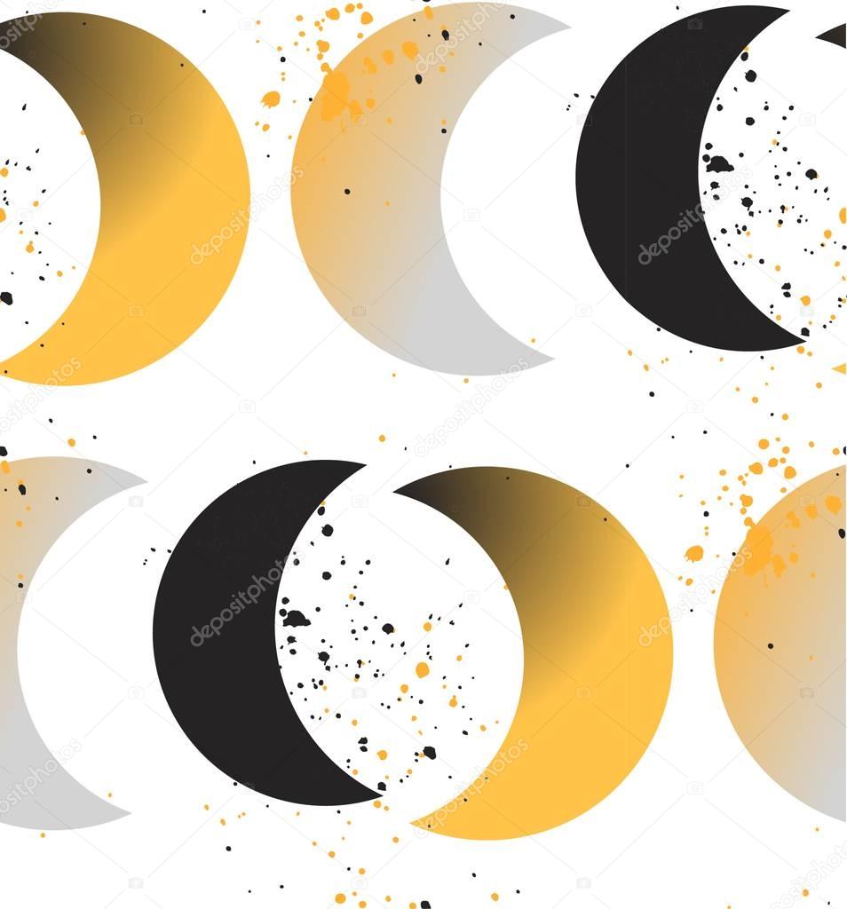 Moon phases. Crescent growth. Abstract seamless vector pattern. 1950s style, geometric motif, hand drawn dotted elements, wavy background. Golden, blue, black.