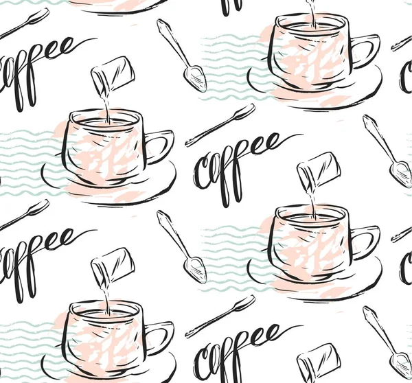 Handgjorda vektor abstrakt texturerat sömlösa mönster av kaffe konceptet med mugg, mjölk, te sked och handskrivna moderna kalligrafi kaffe isolerad på vit bakgrund. Design för inslagning, tyg — Stock vektor