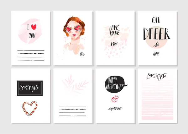 Graphisme abstrait vectoriel fait à la main Save the Date collection inhabituelle de jeux de cartes en rose, noir et blanc Collection Saint Valentin.Conception unique de cartes pour les entreprises, vacances, décoration, note . — Image vectorielle