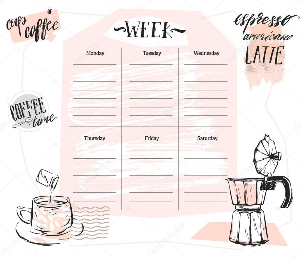 Hand made vector abstract Scandinavian Weekly planner template with graphic coffee illustration in pastel colors. Organizer and schedule. Cute and trendy.Design for planning,journaling,business,diary.