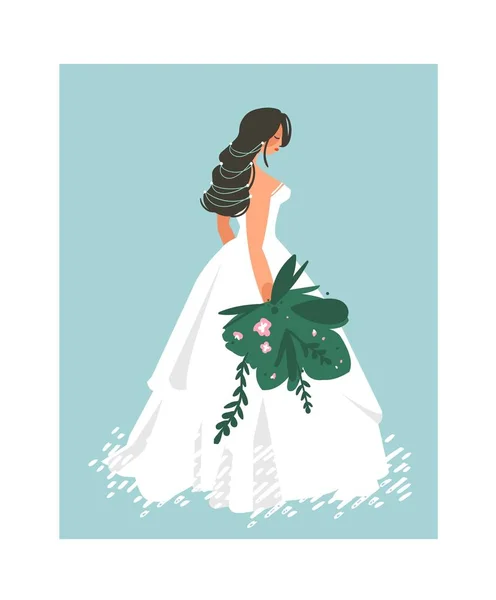 Handgezeichnete Vektor abstrakte Braut in weißem Kleid Illustration isoliert auf blauem Hintergrund — Stockvektor