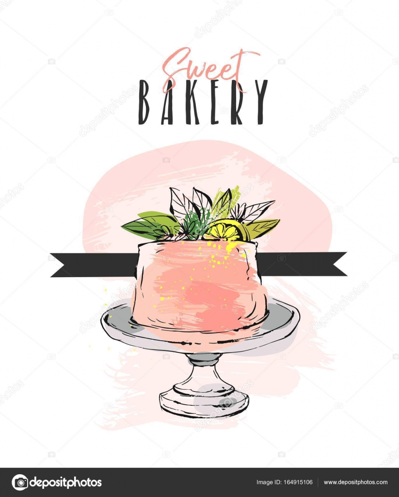 disegnato a mano con cake stand design fiori limone e calligrafia moderna Sweet Bakery in color pesca isolato su priorit  bassa bianca — Vettoriali