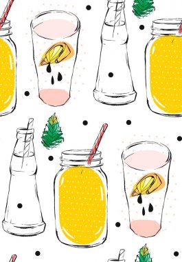 Cam kabı, kavanoz, limon, damla ve lekeli doku üzerinde beyaz izole ile çizilmiş vektör soyut yaratıcı komik limonata illüstrasyon sorunsuz patttern el