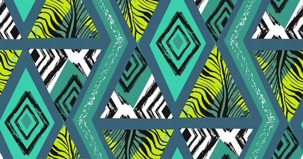 Tangan digambar vektor abstrak bebas bertekstur berjahit pola kolase tropis dengan motif zebra, tekstur organik, segitiga diisolasi pada latar belakang hijau . - Stok Vektor