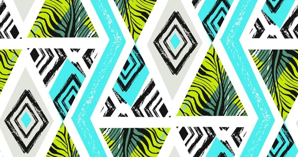Tangan digambar vektor abstrak bebas bertekstur berjahit pola kolase tropis dengan motif zebra, tekstur organik, segitiga diisolasi pada latar belakang putih - Stok Vektor