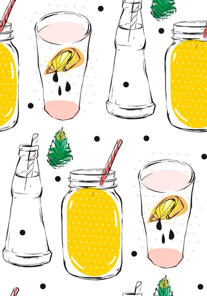 Dibujado a mano vector abstracto creativo divertido limonada ilustración patrón sin costura con vaso de precipitados de vidrio, tarro, limón, gotas y lunares textura aislada en blanco — Archivo Imágenes Vectoriales