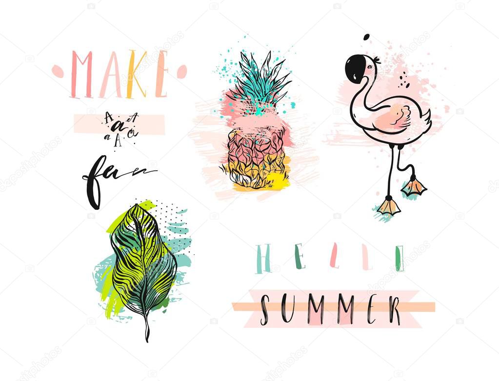 Hand drawn vector abstract summer holiday elements set with pink flamingo,tropical palm leaves,pineapple and funny quotes isolated on white background