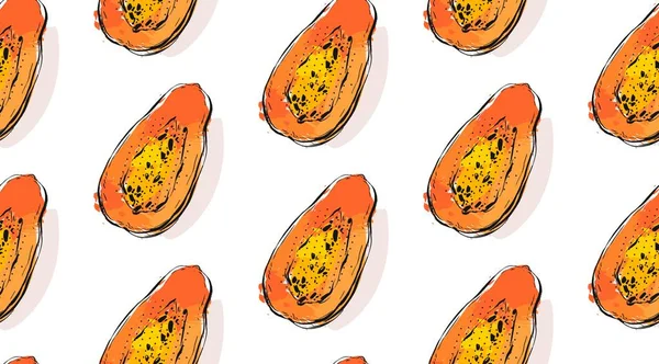 Vettore disegnato a mano astratto insolito modello senza soluzione di continuità con esotici papaia frutta tropicale isolato su sfondo bianco . — Vettoriale Stock