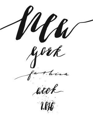 El çizilmiş vektör şablon kartı için afişler, posterler, çıkartmalar, el yazısıyla yazılmış yazı aşama New York moda hafta tasarım öğesi ile imzalamak, blog moda veya göster.
