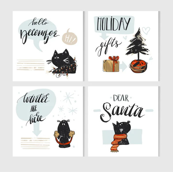 Hecho a mano vector abstracto Feliz Navidad tarjeta de felicitación conjunto con lindo carácter gatos negros de Navidad en la ropa de invierno y moderno fases de caligrafía de Navidad aislado en fondo blanco.Año Nuevo 2018 — Archivo Imágenes Vectoriales