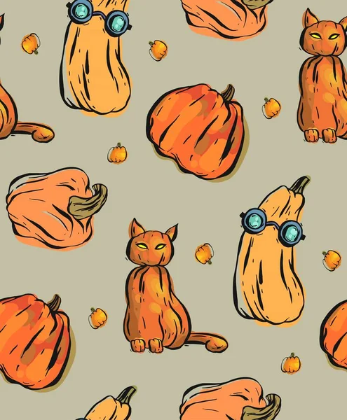 Handritade vektor sömlöst mönster med olika roliga tecken pumpkins.Halloween magi bakgrund. — Stock vektor