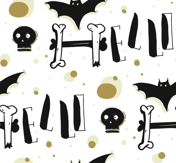 Dibujado a mano vector abstracto sin costuras patrón de halloween con caligrafía moderna palabra hola, cráneo y murciélago aislado sobre fondo blanco — Archivo Imágenes Vectoriales