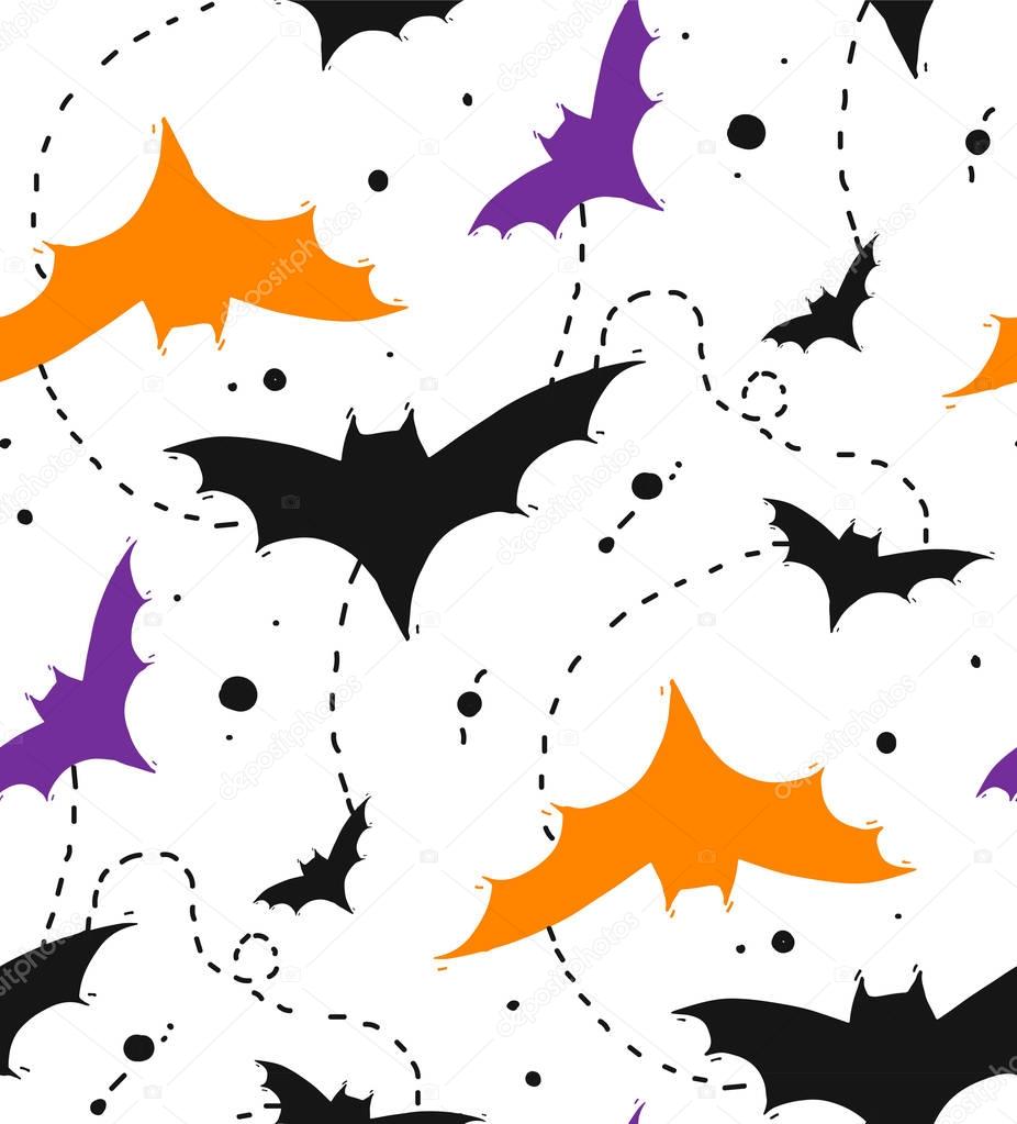 Hand drawn Seamless Halloween vector pattern with colors bats isolated on white background