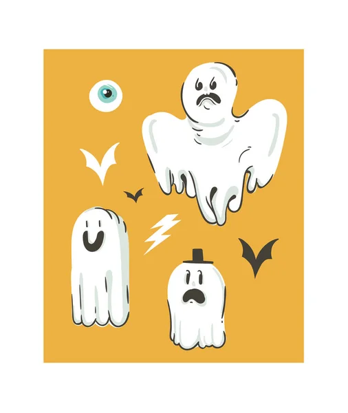 Vettore disegnato a mano astratto cartone animato Happy Halloween illustrazioni raccolta insieme con diversi fantasmi divertenti elementi decorativi isolati su sfondo arancione. — Vettoriale Stock