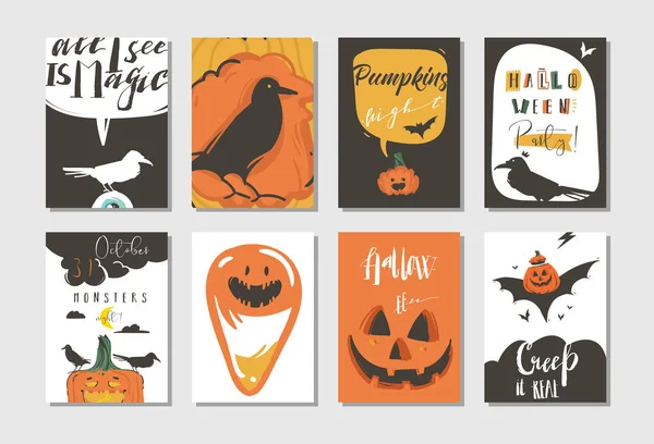 Dibujos animados abstractos vectoriales dibujados a mano Feliz Halloween ilustraciones carteles de fiesta y tarjetas de colección con cuervos, murciélagos, calabazas y caligrafía moderna aislados sobre fondo blanco , — Vector de stock