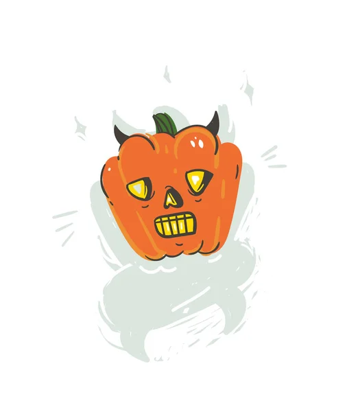 Vettore disegnato a mano astratto cartone animato Felice Halloween illustrazione con zucca cornuto laterno mostro isolato su sfondo bianco . — Vettoriale Stock