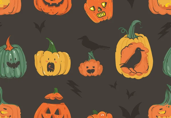 Dibujos animados abstractos vector dibujado a mano Feliz Halloween ilustraciones patrón sin costuras con calabazas cuernos monstruos latern, murciélagos y cuervos aislados sobre fondo blanco . — Vector de stock