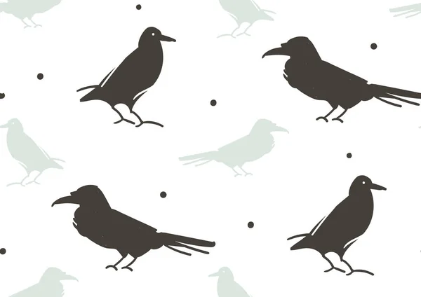 Vettore disegnato a mano astratto cartone animato Felice Halloween illustrazione modello senza soluzione di continuità con corvi isolati su sfondo bianco . — Vettoriale Stock