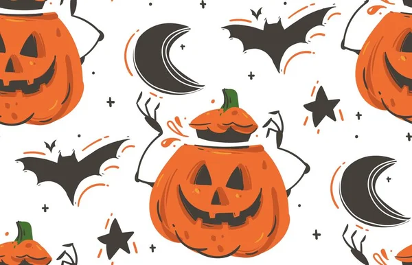 Dibujos animados abstractos vector dibujado a mano Feliz Halloween ilustraciones patrón sin costuras con murciélagos, calabazas, luna y estrellas aisladas sobre fondo blanco — Archivo Imágenes Vectoriales