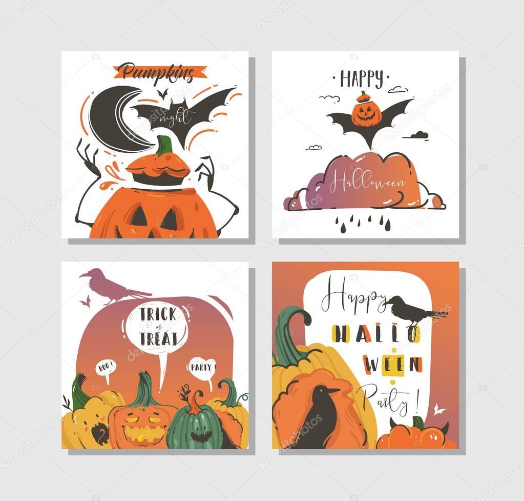 Hand drawn vector abstract cartoon Happy Halloween illustrations party posters and collection cards set with ravens,bats,pumpkins and modern calligraphy isolated on white background
