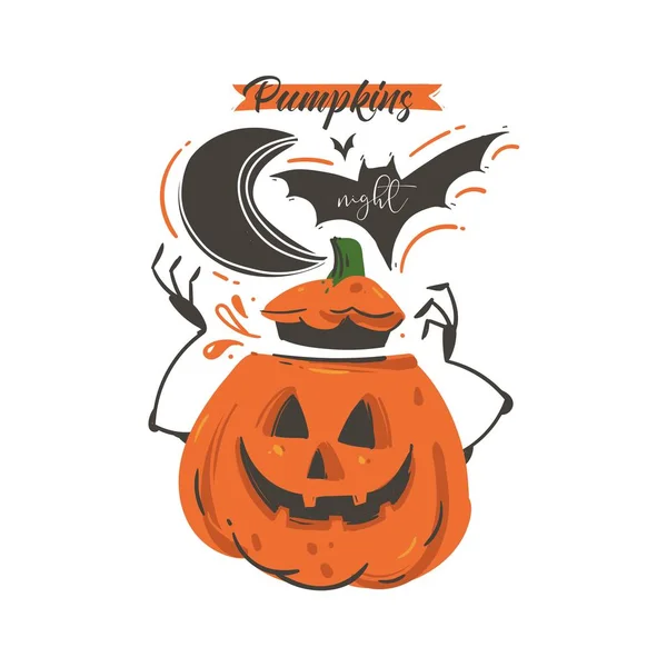 Ręcznie rysowane wektor streszczenie kreskówka ilustracja Happy Halloween bat, dynia, księżyc i kaligraficzne fazowego dynie noc na białym tle. — Wektor stockowy